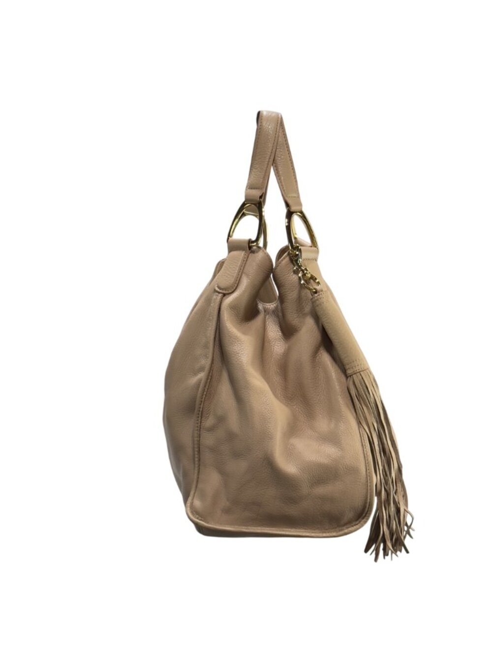 GILI Large Beige Leather Tote Bag With Gold Hardware & Fringe Tassel Accent - Picture 6 of 14